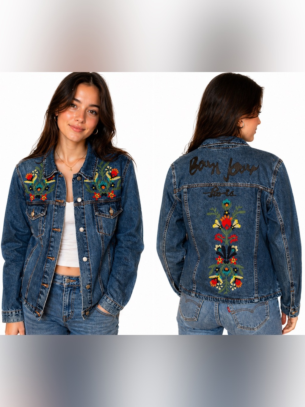 2765.New Embroidered Paris Collection Floral Denim Jacket in Dark Blue - Picture 2 of 3